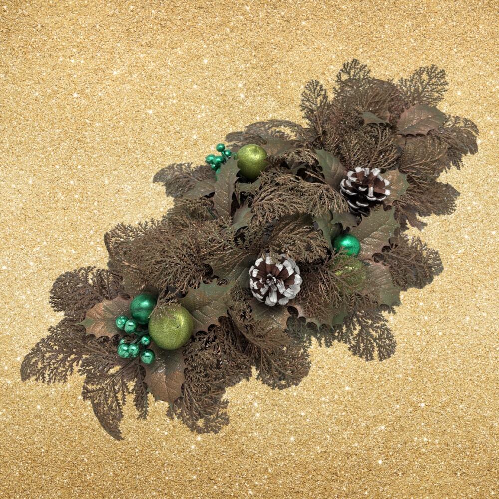 1960s Plastic Holiday CANDLE DISPLAY Gold Leaves Holly Green Berries Pinecones